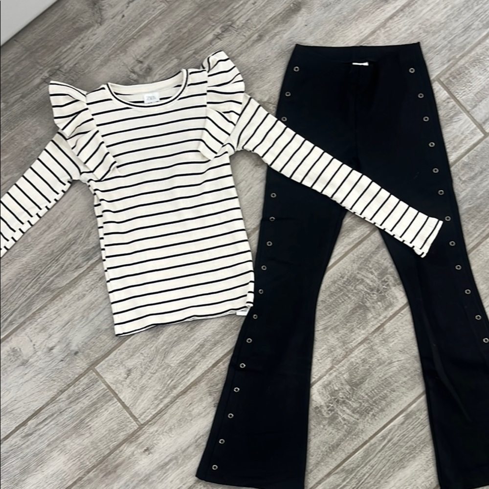 Girls Striped Ruffle Sleeve Top and Black Pants Set